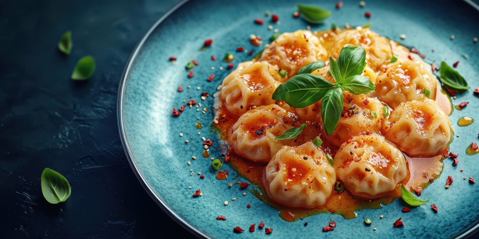 Delicious dumplings in savory sauce served on a vibrant blue plate with fresh herbs and spices